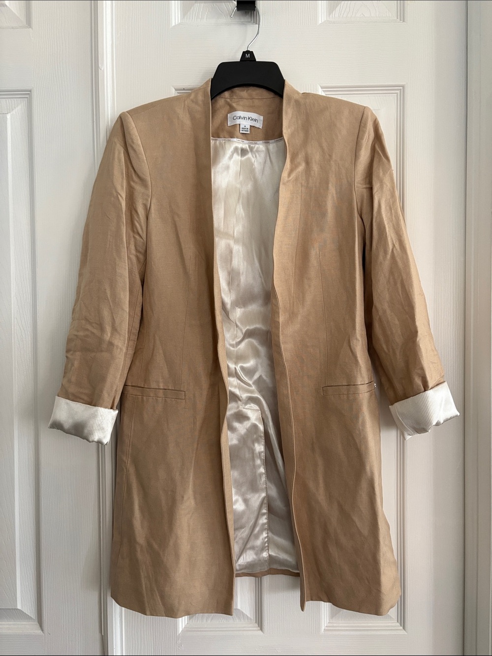 Calvin Klein designer Linen Rayon Tan Open Front Long Blazer satin lined Size 8